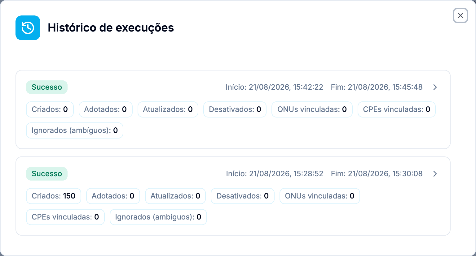 Histórico de execuções