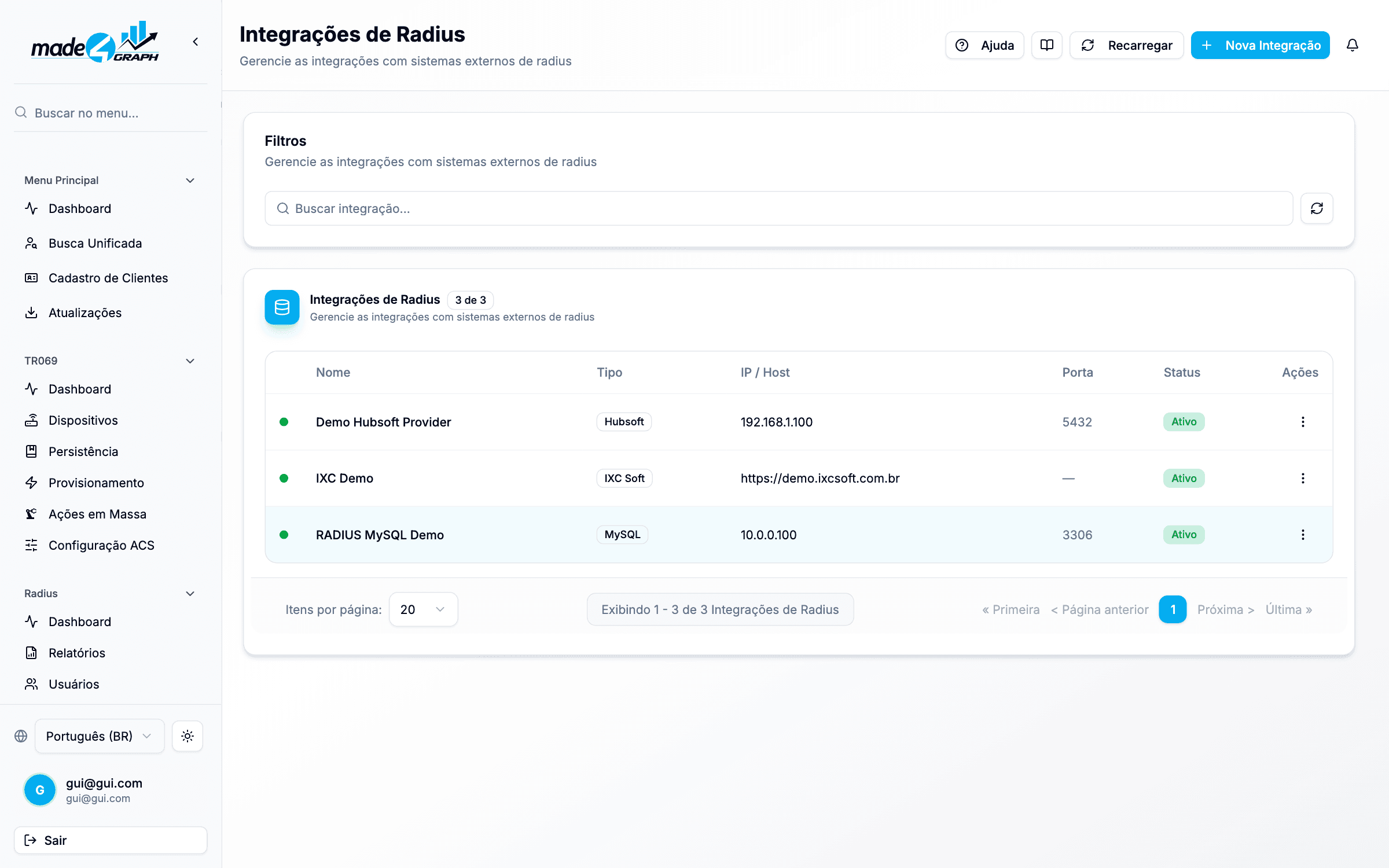 Lista de integrações de Radius