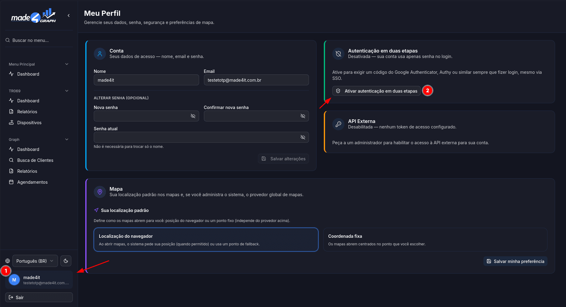 Cartão de segurança em Meu Perfil