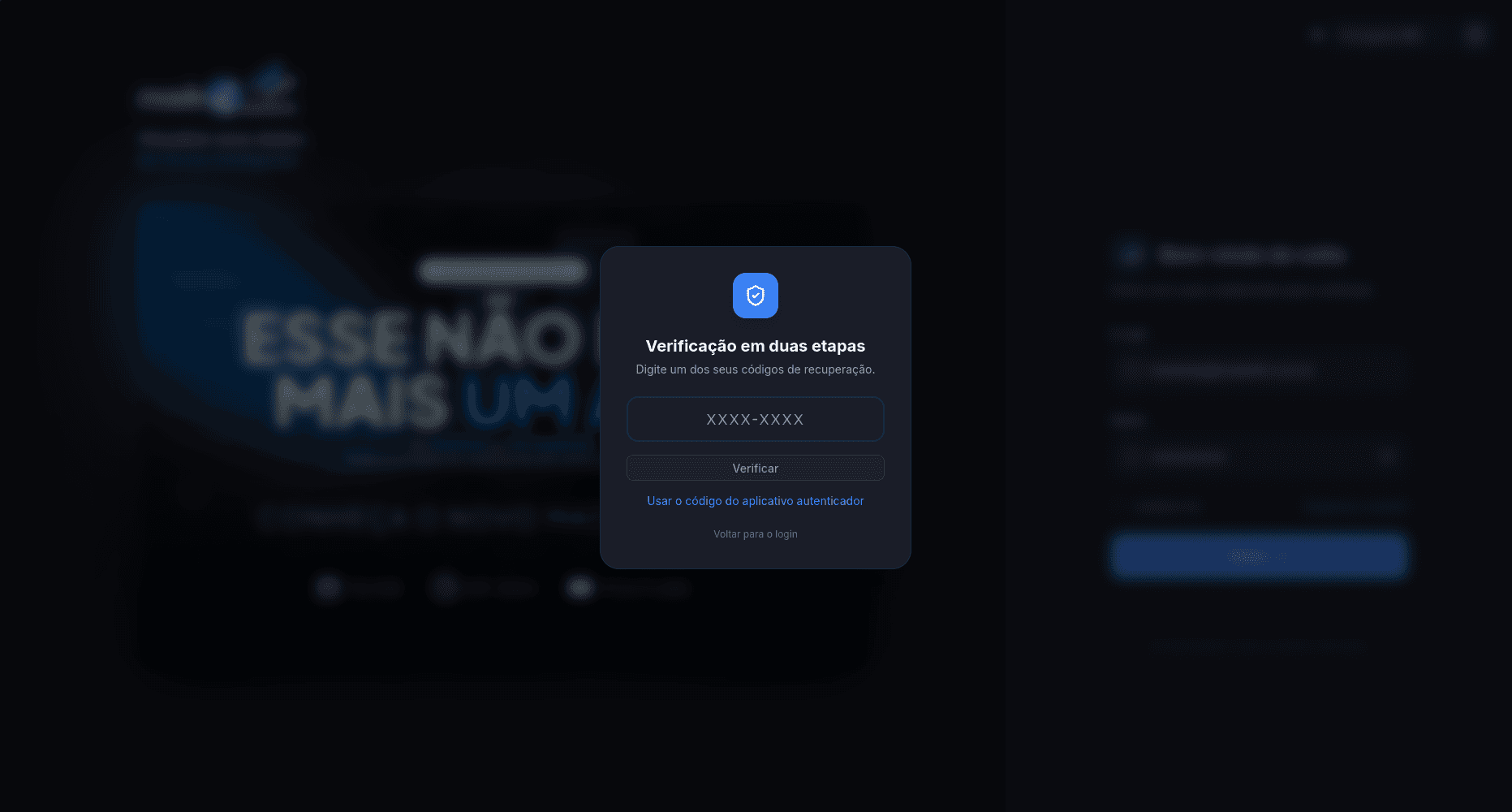 Tela de login com código de recuperação