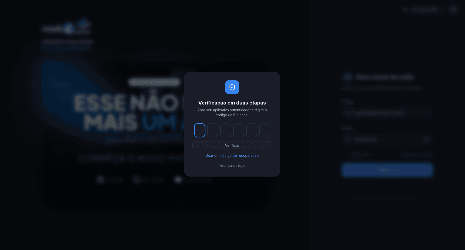 Tela de verificação em duas etapas no login