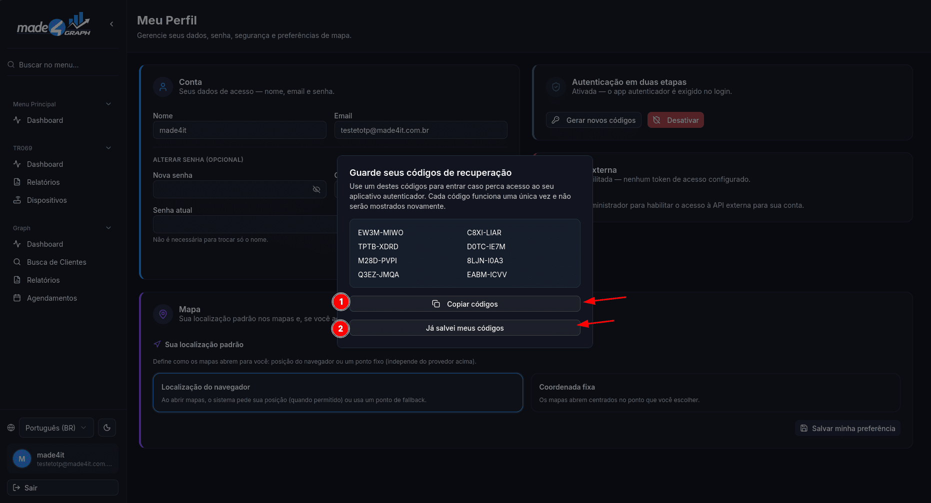Tela de códigos de recuperação