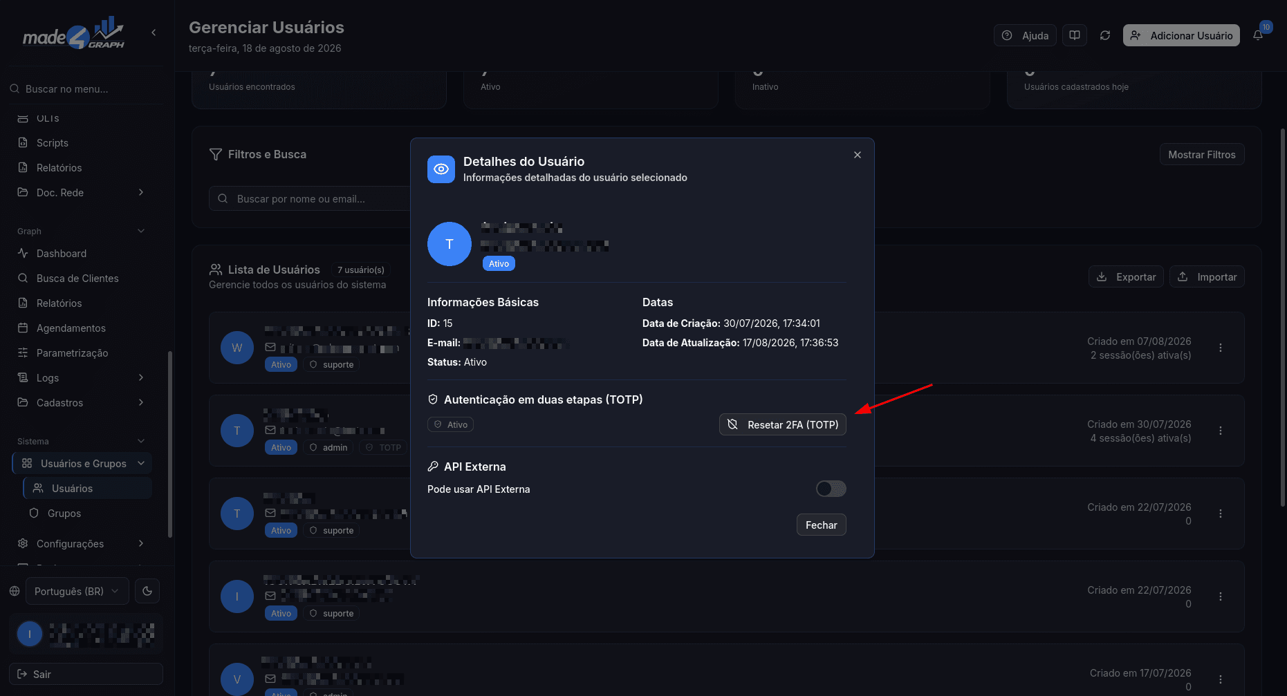 Detalhe do usuário com TOTP ativo e ação de reset
