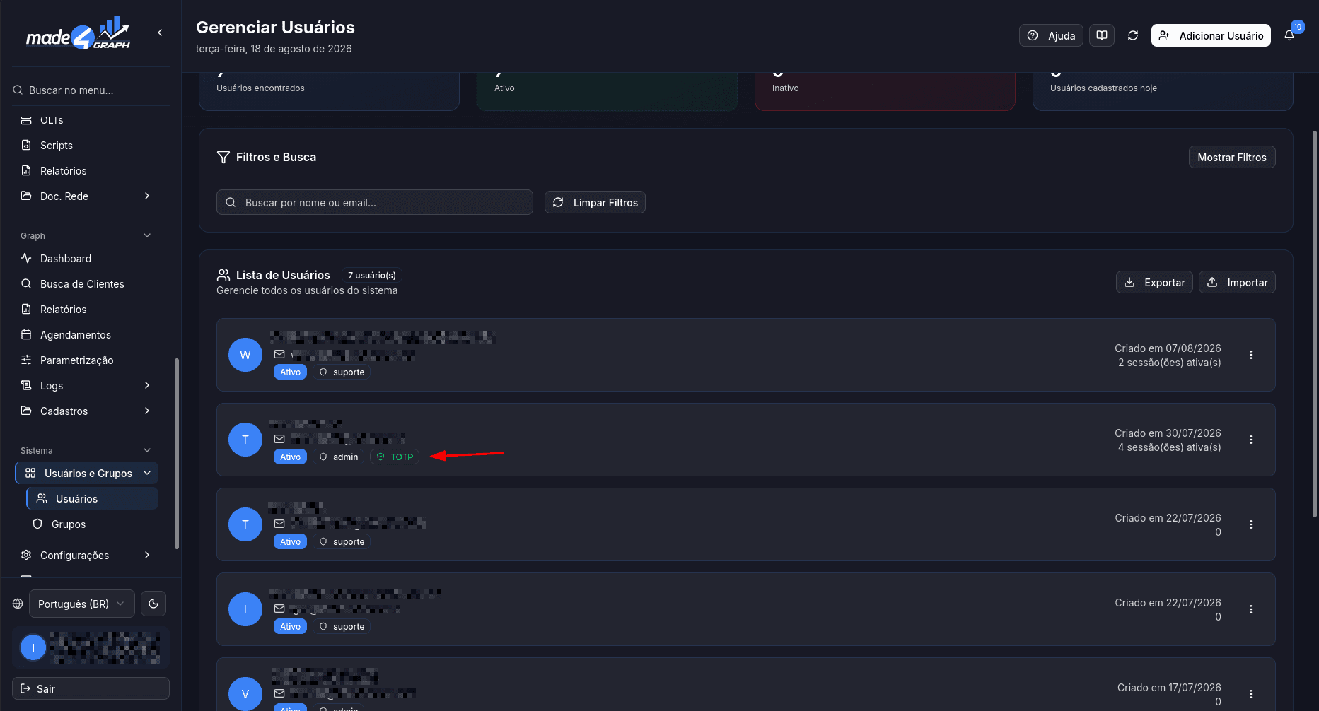 Lista de usuários com badge TOTP