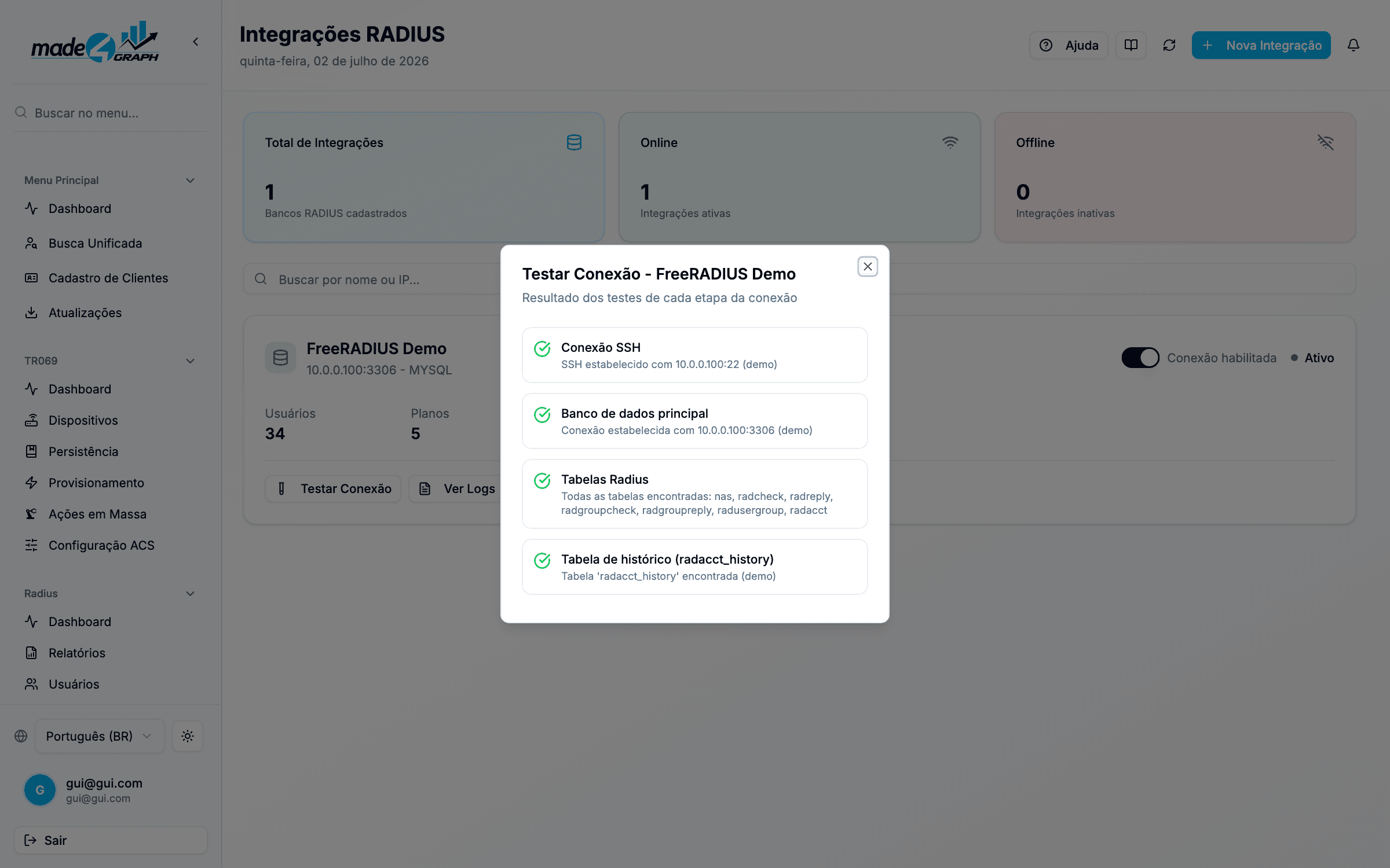 Modal de teste de conexão