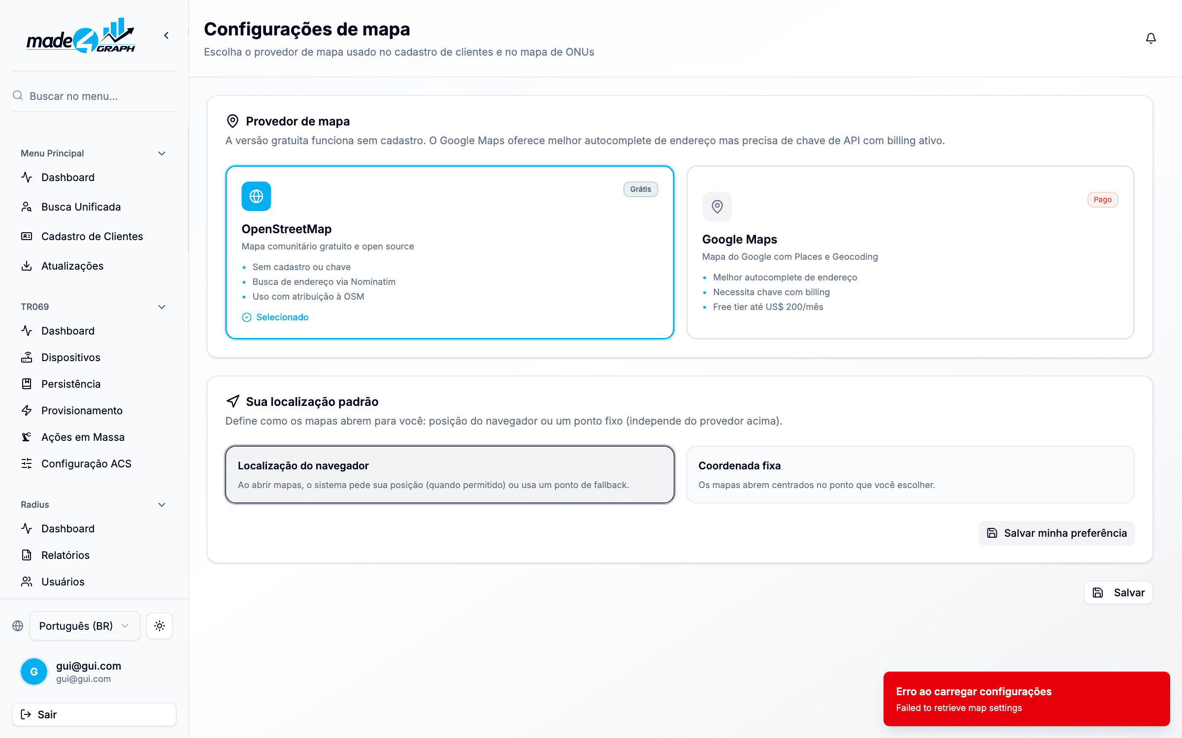Configurações de mapa